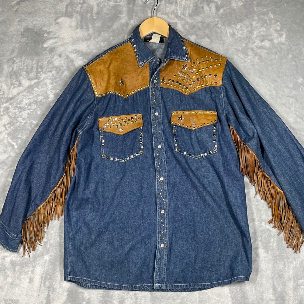 St. Maarten Dallas TX Vintage Western Denim Leather Fringe Studded Shirt Mens S